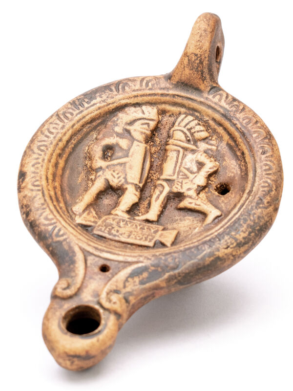Oil lamp gladiators ACVVIVS vs HERMEROSS with handle