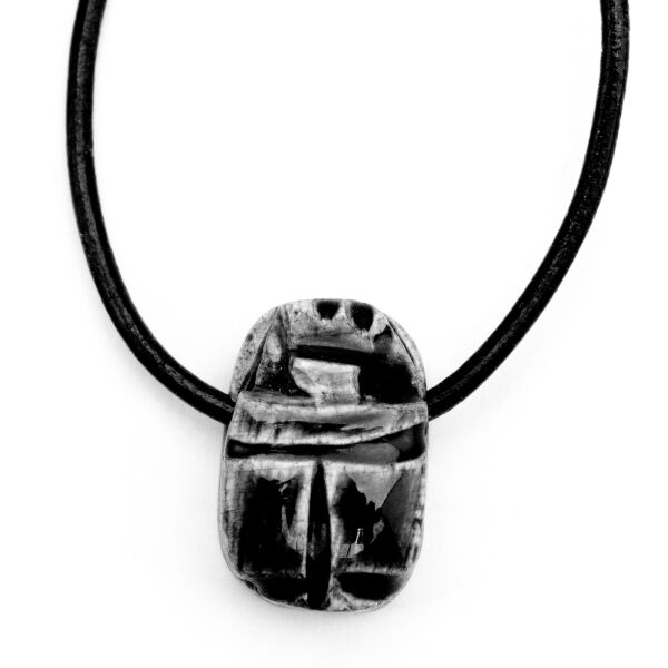 Scarab Egyptian jewelry pendant faience black with leather strap