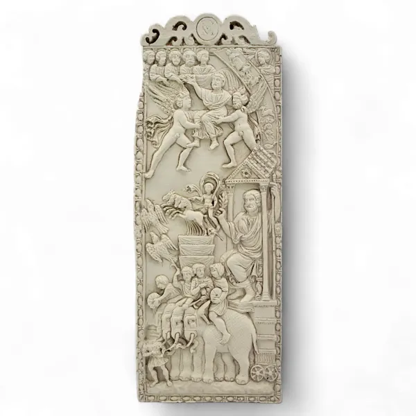 Tablette en cire en relief 28 x 11 cm, diptyque, réplique d’une plaque d’ivoire antique