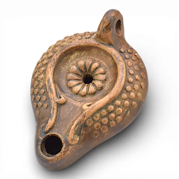 Lampe à huile fleur avec poignée, lampes anciennes en argile