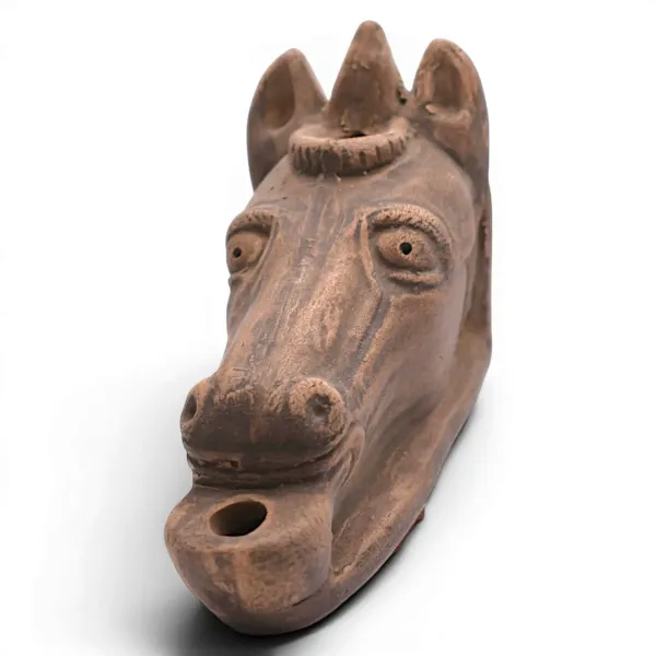 Lampe à huile romaine à tête de cheval - Réplique de lampe en terre cuite modelée - Modèle Musée Arles