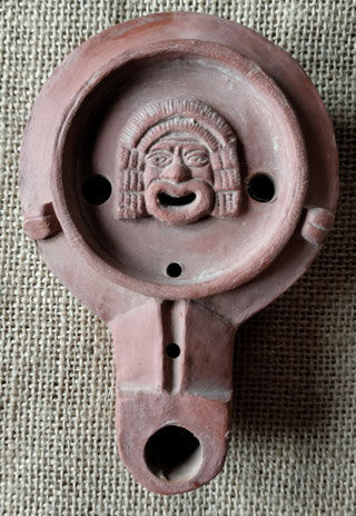 Lampe à huile romaine - Lampe dentreprise avec masque de théâtre - Lampe en terre cuite Loeschcke X