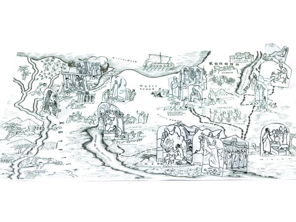 Bastel-Bogen Kartenskizze Mose und die Auswanderung, Bastelvorlage zum ausmalen