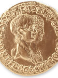 Relieve Nerón / Agripina, antiguo relieve romano de una moneda de oro, réplica ampliada, antigua decoración romana de pared
