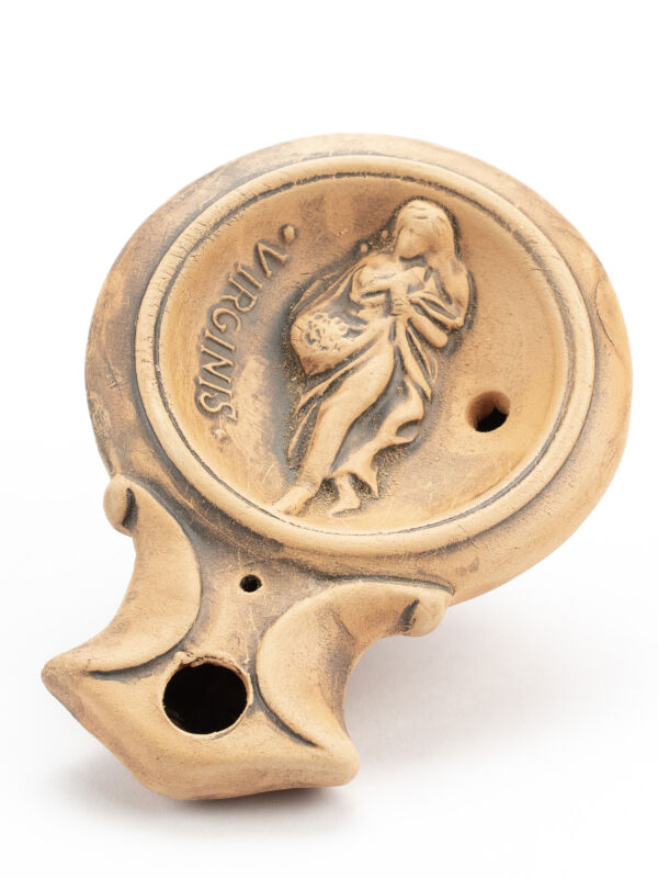 Öllampe Zodiac Jungfrau, Tierkreiszeichen, antike Öllampe aus Ton