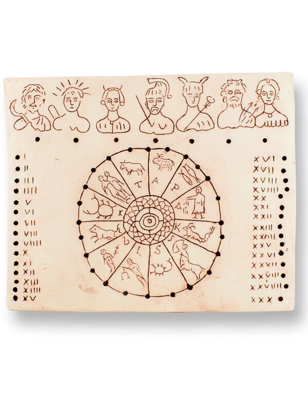 Calendario enchufable en relieve con los signos del zodíaco, antigua decoración romana de pared