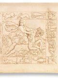 Relieve imagen de culto a Mitra, pátina clara, 15x12cm, figura de dios mitológico, decoración mural romana antigua
