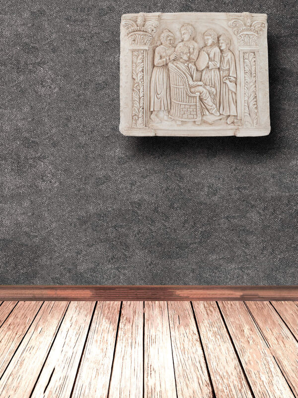 Escena de peluquería en relieve con ama de llaves romana, antigua decoración de pared romana