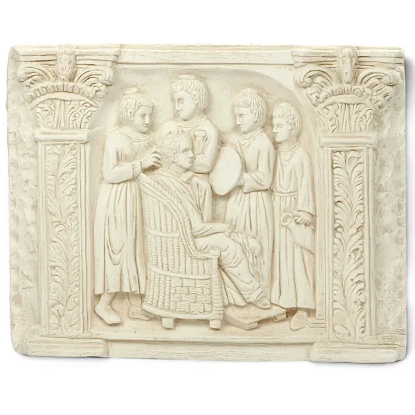 Relief hairdressing scene with Roman lady of the house, antique Roman wall decoration