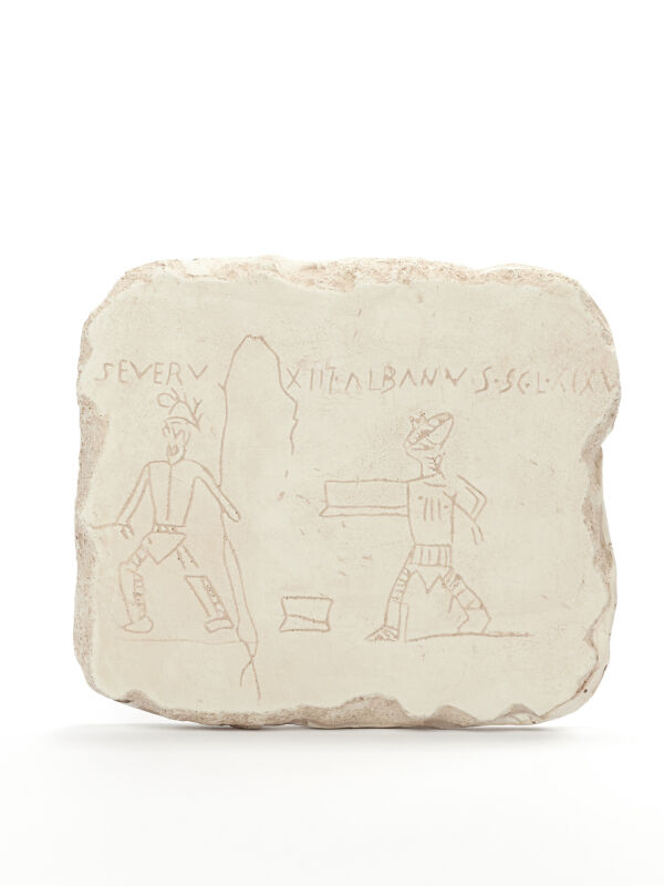 graffiti de gladiadores en relieve, escena de lucha en una arena, antigua decoración mural romana