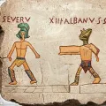 Relieve Gladiadores Graffiti, Escena de batalla en una arena, Decoración mural romana antigua