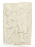 Relief legionary mural, legionaries with helmet, museum replica, ancient roman wall decoration