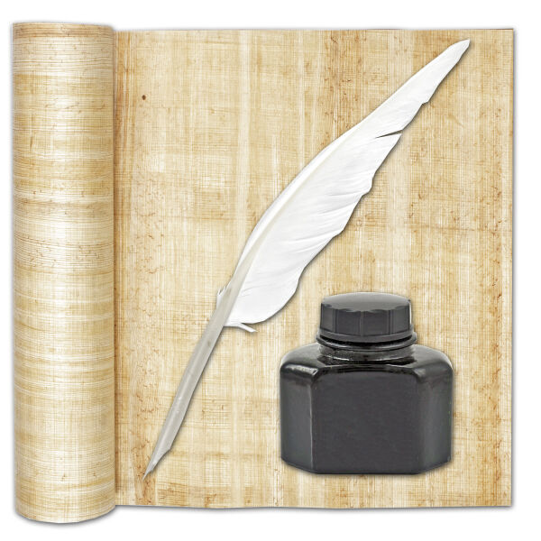 Ensemble décriture Néfertiti plume décriture, papyrus 30x20cm, encre de calligraphie noire 40ml