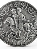 Relieve Caballero Templario con inscripción, plata patinada