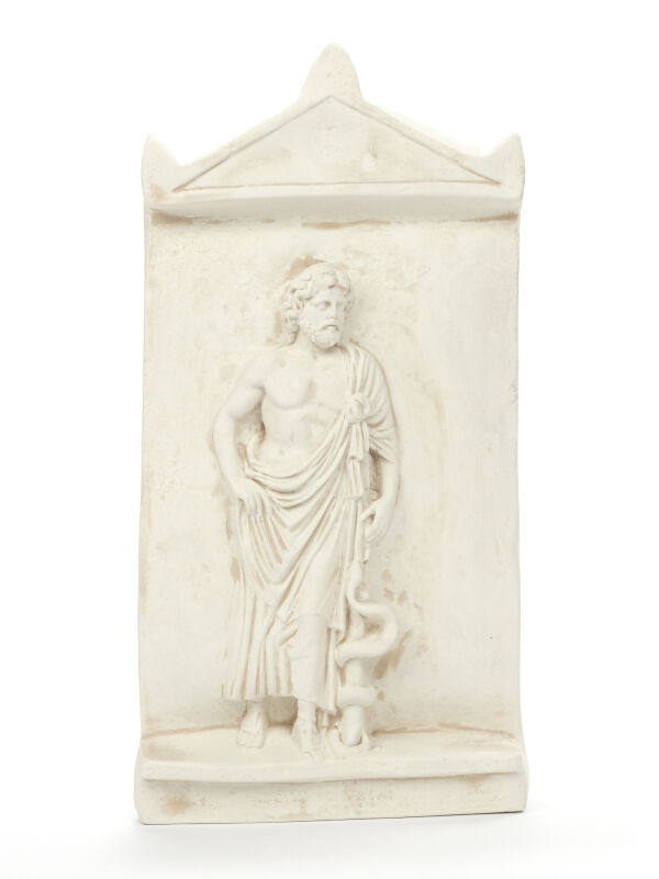 Relief Asclepius - Asclepius in the temple, light patina, 31x16cm, greek roman god of healing