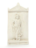 Relief Asklepios - Äskulap im Tempel, helle Patina, 31x16cm, griechisch römischer Gott der Heilkunst