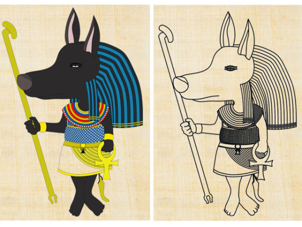 Plantillas para colorear Egipto Dios Anubis, 15x10cm Dibujo para colorear en papiro real