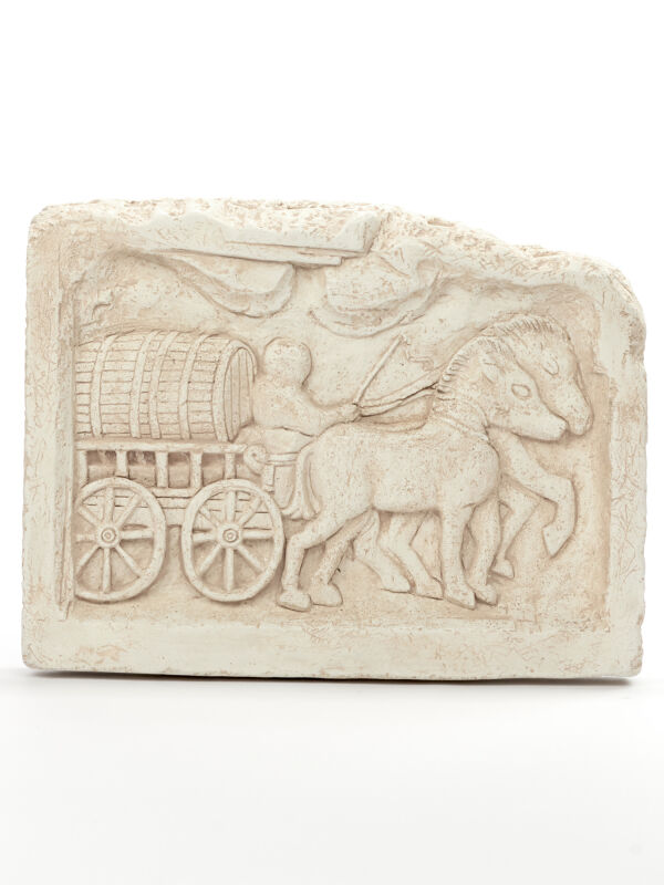 Relief paddy wagon with horse team, antique roman wall decoration