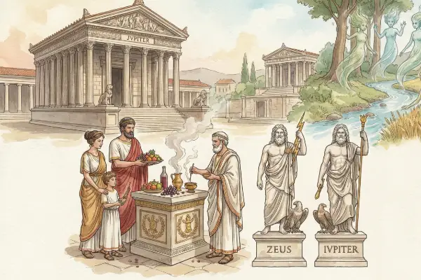 Aquarell zur römischen Religion: Jupiter-Tempel, Opferritual, Statuen von Zeus und Jupiter sowie Naturgeister in antiker Landschaft.