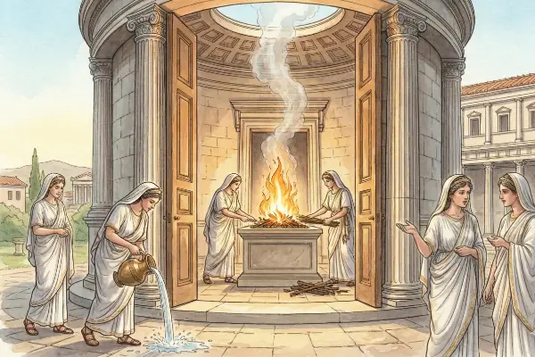 Aquarell vom Rundtempel der Vesta: Vestalinnen nähren das ewige Feuer, während eine Priesterin den Boden mit heiligem Wasser aus einem Krug reinigt
