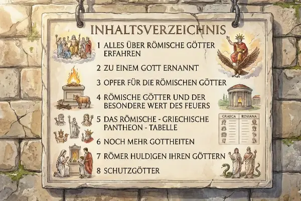 Illustriertes Inhaltsverzeichnis auf antiker Steintafel über römische Götter mit vielen Szenen zu Opfern, Kaiserkult, Vesta-Tempel und Göttertabellen