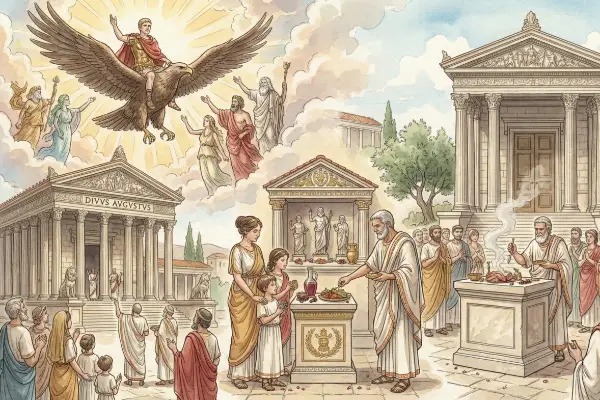 Aquarell zum Kaiserkult: Apotheose des Augustus auf einem Adler, Gebet am Lararium-Schrein und öffentliches Opfer vor einem Tempel
