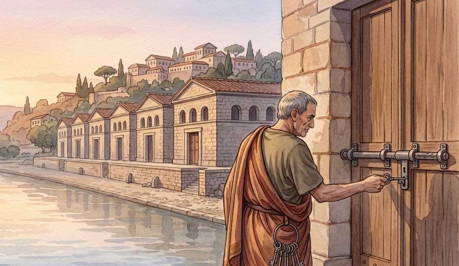 Portunalia: Portunus, Gott der Häfen und Schlüssel, am Tiberhafen