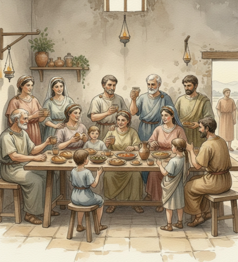 die Familie findet sich zu hause am Tisch zum Essen zusammen, man feiert die Gemeinschaft während der Quirinalia