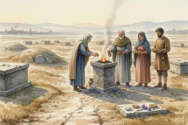 Darstellung einer römischen Familie bei einem Grabritual außerhalb der Stadt. Drei Personen legen Getreide, kleine Opferkuchen und Wein auf einen steinernen Altar