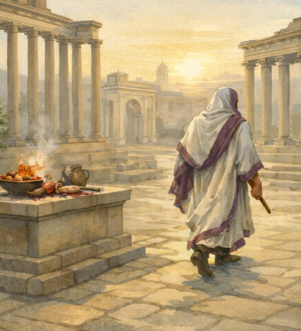 Historische Aquarellszene eines römischen Priesters (rex sacrorum), der nach einem Opfer das Forum Romanum verlässt. Neben einem Altar mit Feuer liegen Opfergaben wie Früchte und Gefäße