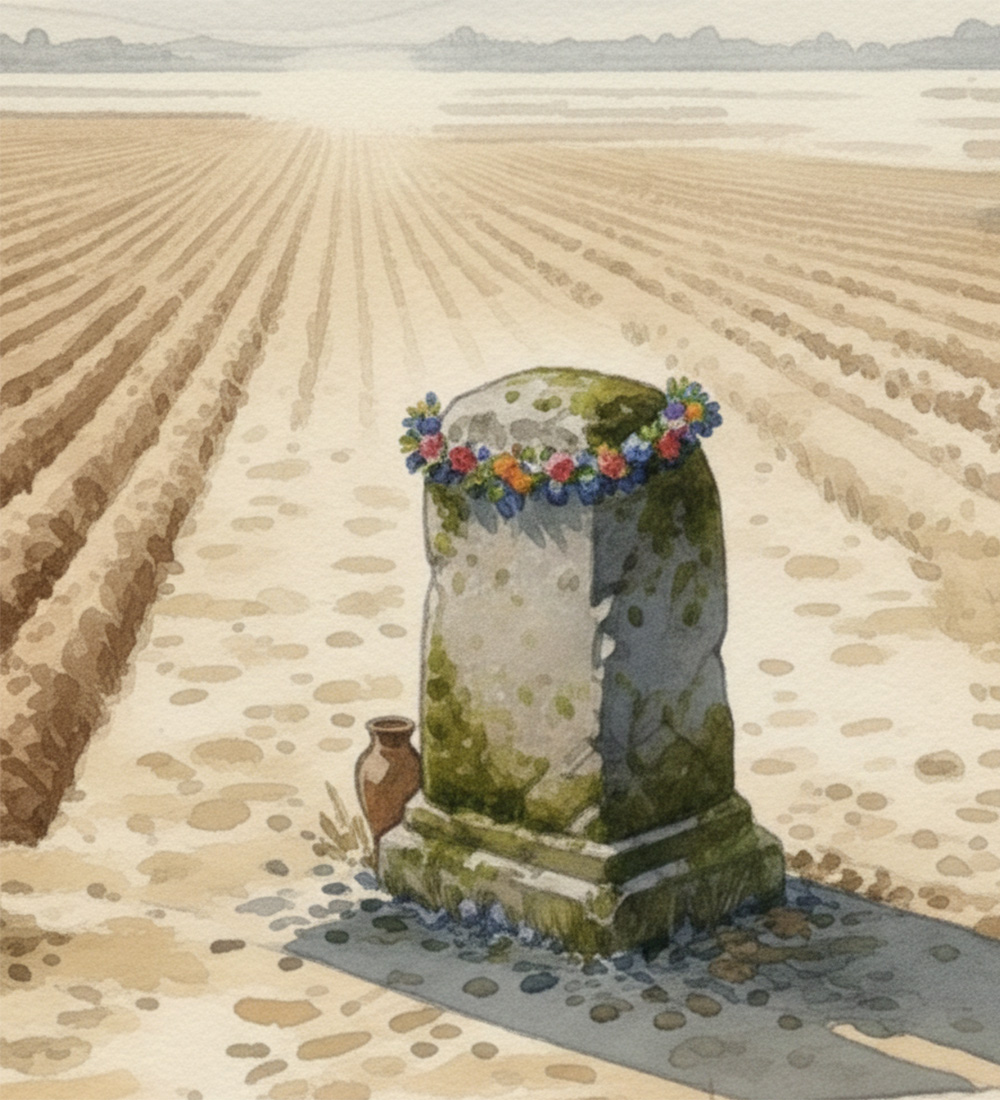 Darstellung eines römischen Grenzsteins (Terminus) auf einem winterlichen Feld. Der moosbewachsene Stein ist mit einem Blumenkranz geschmückt, daneben steht ein kleines Tongefäß für Weinopfer
