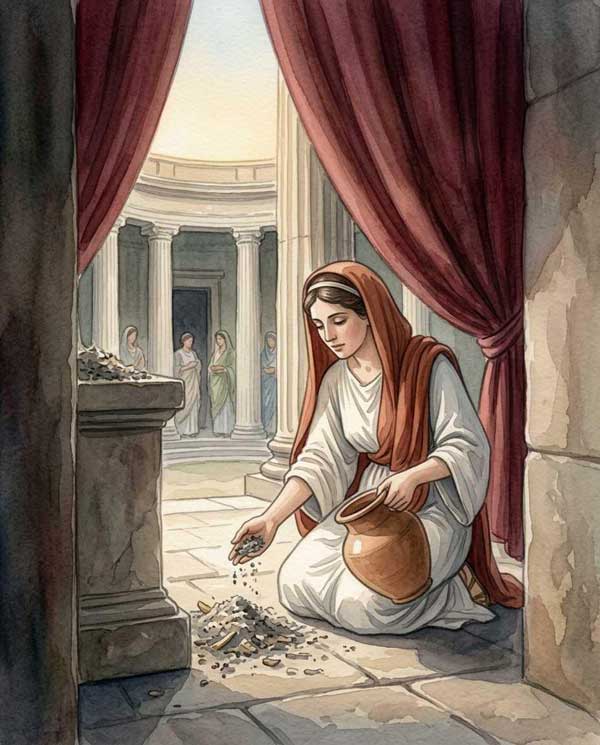 Vestalin trägt das Tongefäß mit dem stercus aus dem Vesta-Tempel