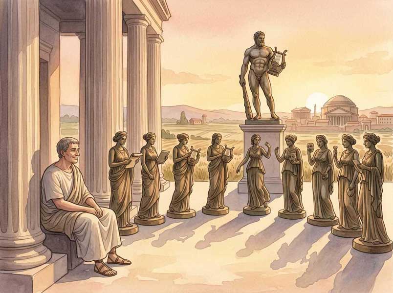 Hercules Musagetes mit Leier und die neun Musen im Tempel auf dem Marsfeld