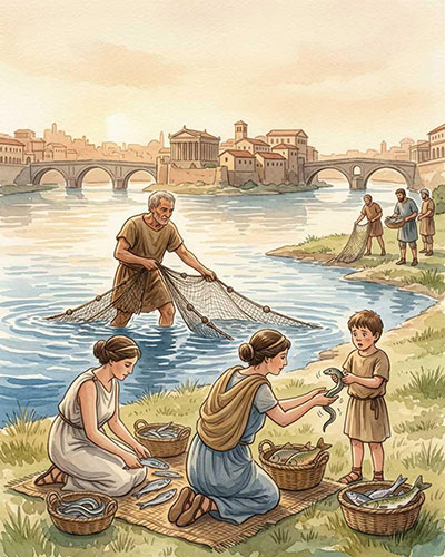 Römische Fischer am Tiber bringen ihren Fang zum Volcanal