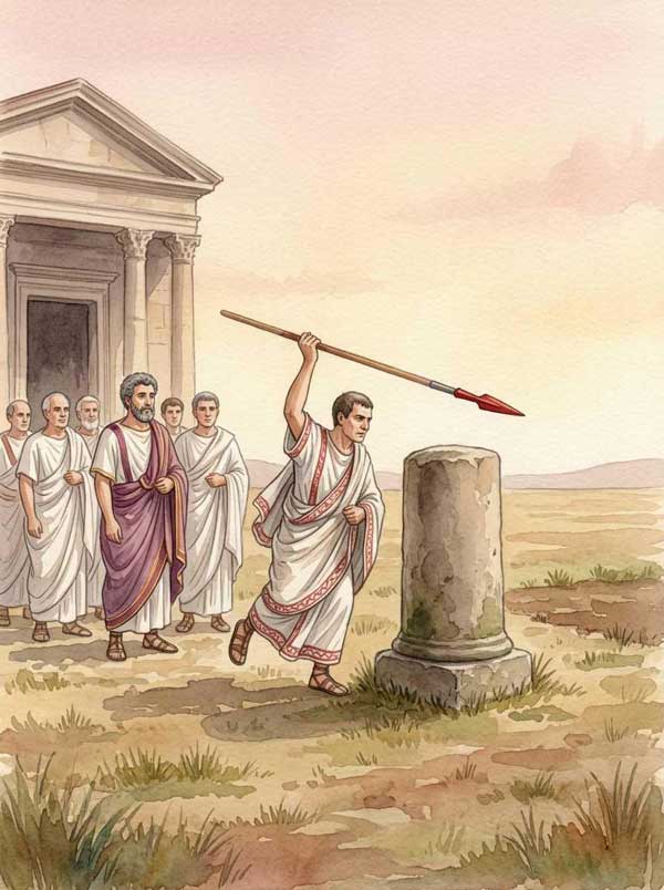 Der Fetialis wirft den blutigen Speer über die Columna bellica