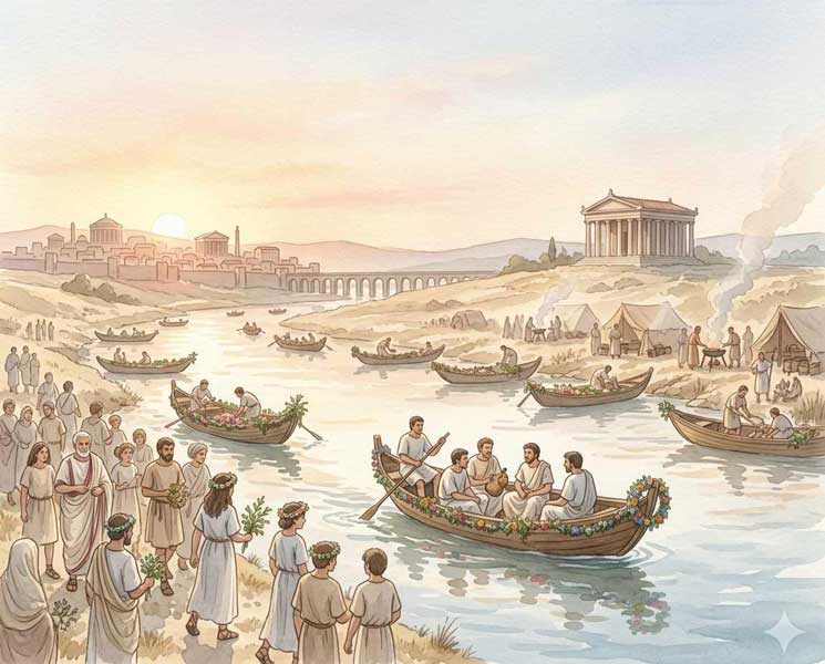 Geschmückte Boote auf dem Tiber zum Fest der Fors Fortuna