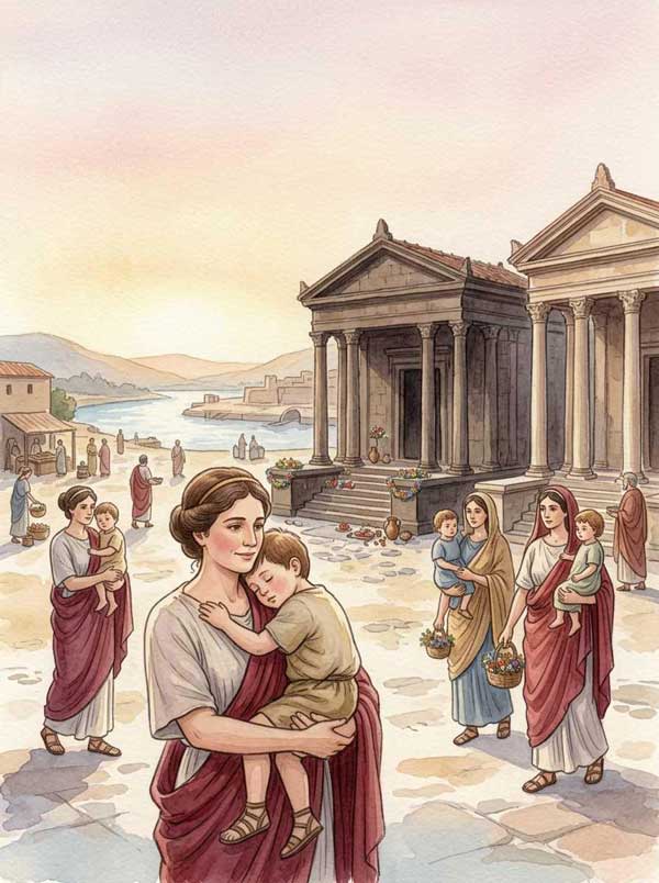 Römische Matrone mit Opferkuchen am Tempel der Mater Matuta am Forum Boarium