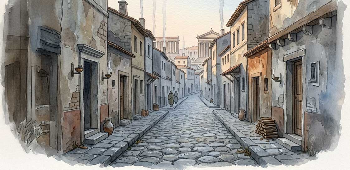 Eine Panorama-Illustration der römischen Monate, dargestellt als chronologische Abfolge architektonischer Elemente und Szenen. Von links nach rechts: Eine Statue des doppelköpfigen Janus in einer Ädikula (Januarius), Soldaten vor rauchenden Ruinen (Martius), ein Torbogen mit der Aufschrift „Aprilis - Junius“, eine Frau in einer Gartenpforte (Maius), eine Hochzeitsszene unter einer Pergola, Marmorbüsten von Julius Caesar (Julius) und Kaiser Augustus (Augustus) vor Triumphbögen sowie drei Pergamentrollen an einem herbstlichen Holzgerüst für September (VII), Oktober (VIII) und Dezember (XII).