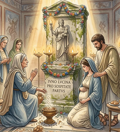 "Schwangere Römerin bringt mit ihrer Familie vor einer Juno-Lucina-Statue Opfer dar, Szene der Matronalia am 1. März."