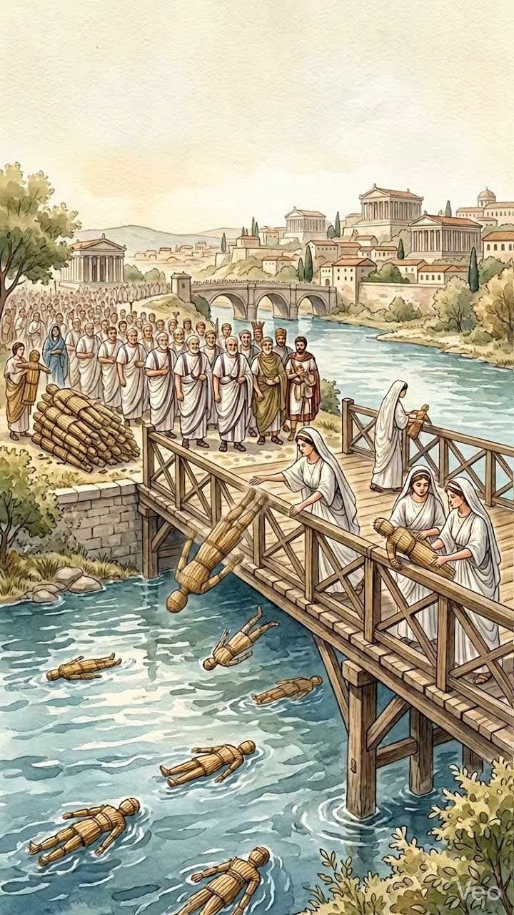 Argei-Ritual auf der Pons Sublicius — Vestalinnen werfen Binsenpuppen in den Tiber