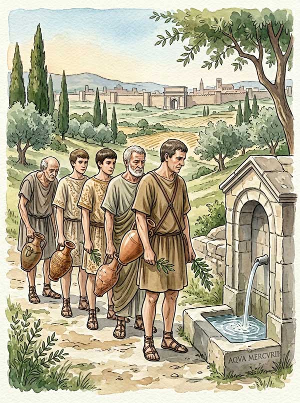 Mercuralia an der Aqua Mercurii — römische Händler bei der Wassersegnung an der Porta Capena