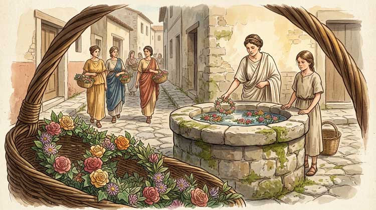 Fontinalia: bekränzter römischer Brunnen am 13. Oktober