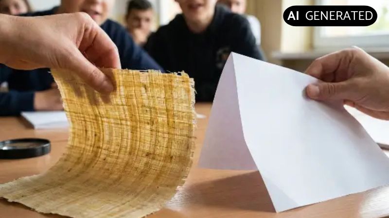 Eine Lupe vergrößert faseriges Papyrus neben glattem Kopierpapier auf einem Holztisch. Ein Notizblock mit Fragen zur Struktur liegt daneben