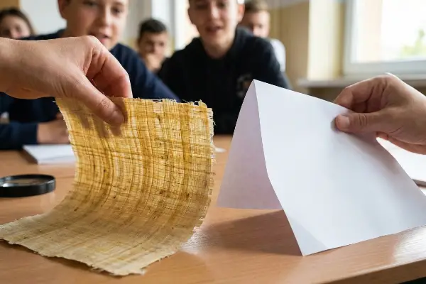 Une loupe agrandit un papyrus fibreux à côté d’une feuille de papier lisse sur une table en bois. Un bloc-notes avec des questions sur la structure est posé à côté