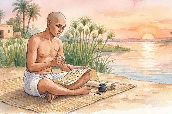 Aquarelle représentant un scribe égyptien assis en tailleur au bord du Nil au lever du soleil, écrivant des hiéroglyphes sur un rouleau de papyrus