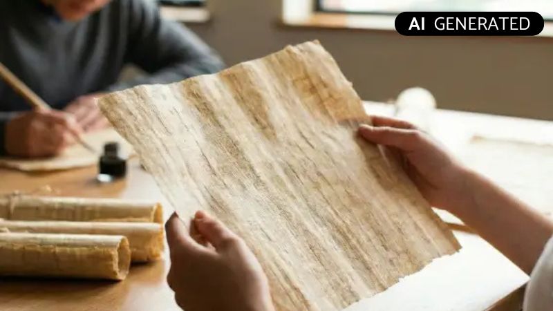 Schüler betrachten fertiges Papyrus und beschriebene Rollen auf einem Holztisch. Die Szene verdeutlicht Schrift als Grundlage der Zivilisation