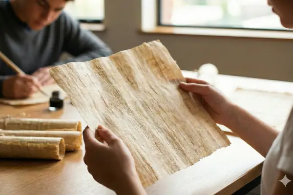 Des élèves observent du papyrus terminé et des rouleaux écrits sur une table en bois. La scène illustre l’écriture comme fondement de la civilisation
