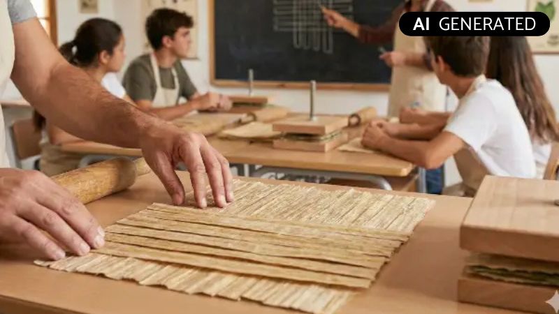 Schulszene: Hände legen Papyrusstreifen kreuzweise überlappend auf moderne Tische. Im Hintergrund erklärt ein Lehrer das Verfahren an der Tafel