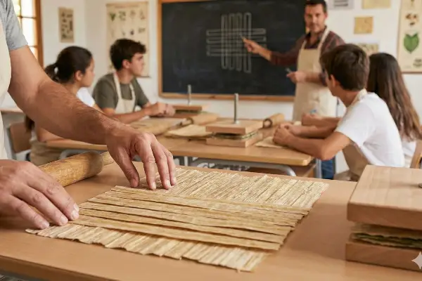 Scène de classe : des mains posent des bandes de papyrus croisées et superposées sur des tables modernes. En arrière-plan, un enseignant explique la méthode au tableau