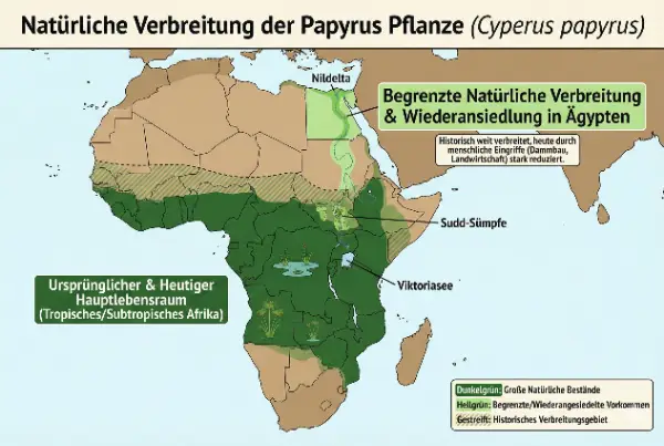 Die Karte zeigt, wo die Papyrus-Pflanze heute wächst. Dunkelgrün zeigt die Gebiete in Ostafrika, wo sie heute wächst. Hellgrün zeigt die Gebiete im Nildelta, wo sie nur begrenzt wächst.